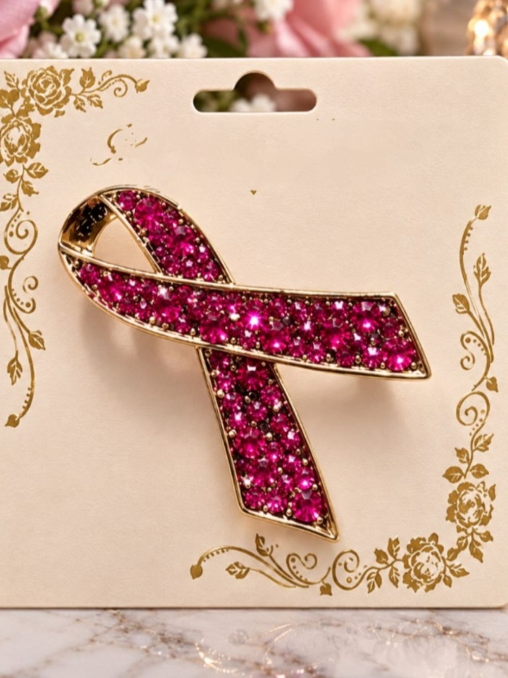🟢 New Breast Cancer & Silver Ribbon Brooch  Crystal Accents